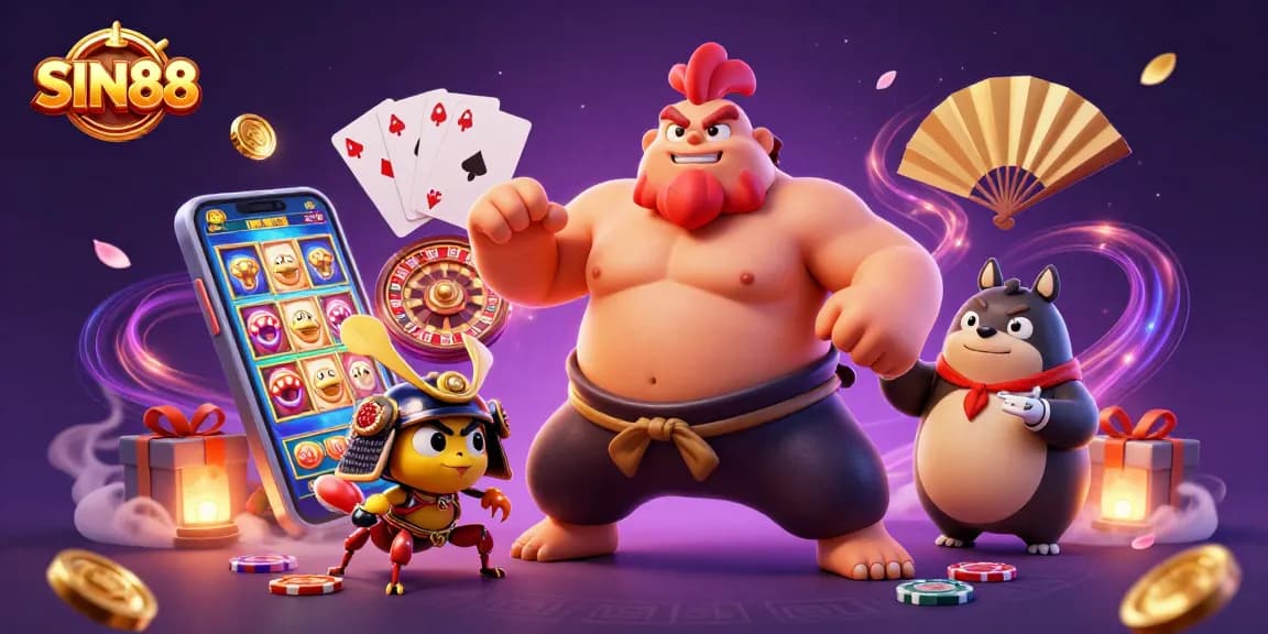 SIN88 casino illustration featuring a sumo wrestler and a samurai cricket among vibrant gaming elements.