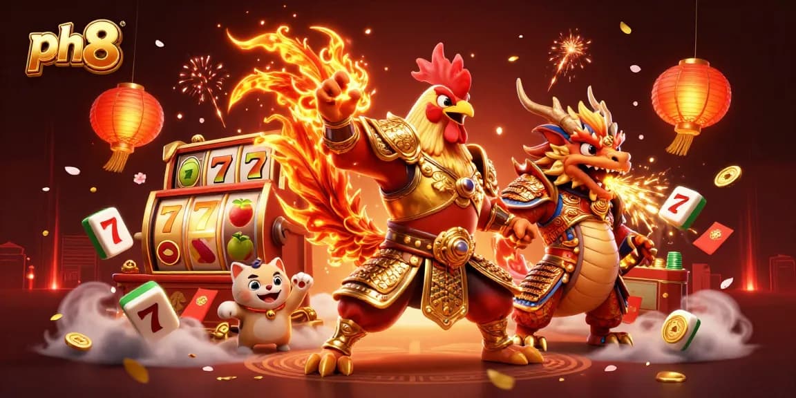 Experience the exciting world of ph8 with powerful characters, slot reels, and vibrant gaming elements.