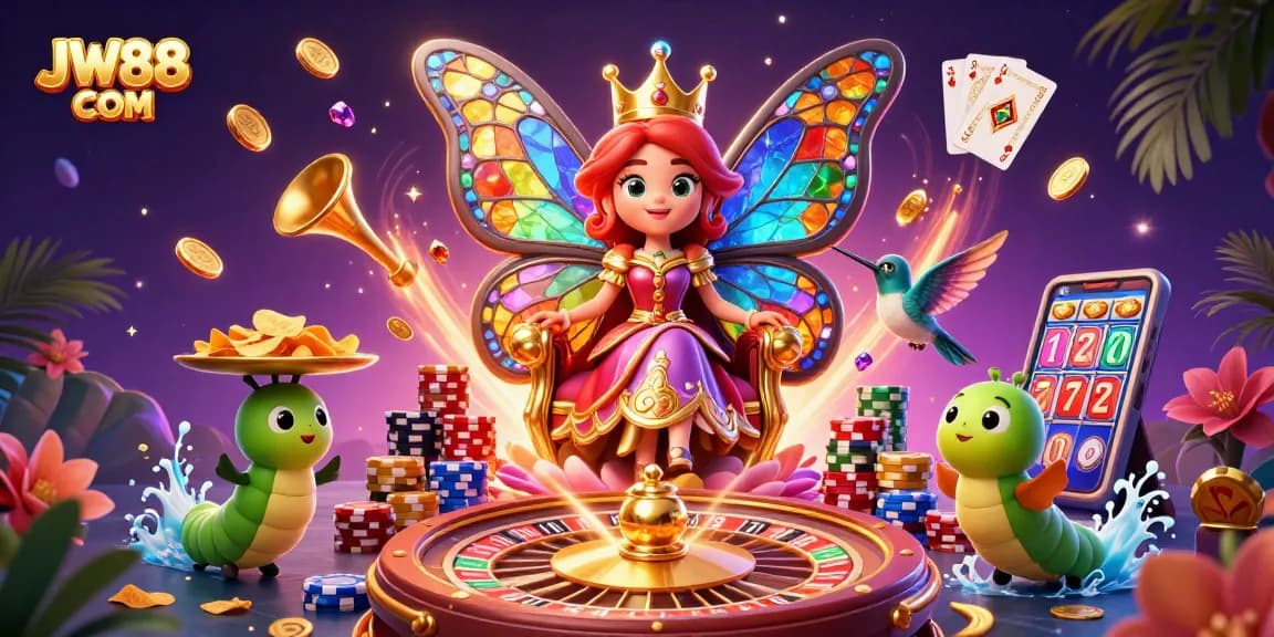 Engage with exciting games at JW88 COM with a magical 3D casino illustration showcasing vibrant characters and dynamic elements.