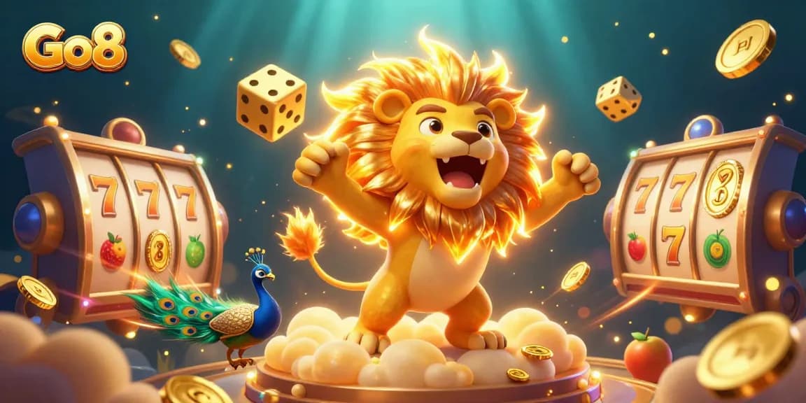 Experience the excitement of Go8 with golden coins and slot reels in a vibrant 3D casino scene.