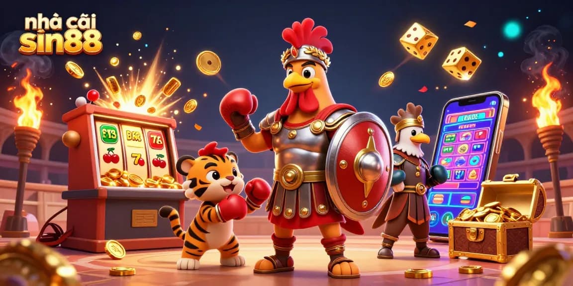Engage in excitement at nhà cái sin88 with a 3D illustrated casino scene featuring vibrant games and dynamic action.