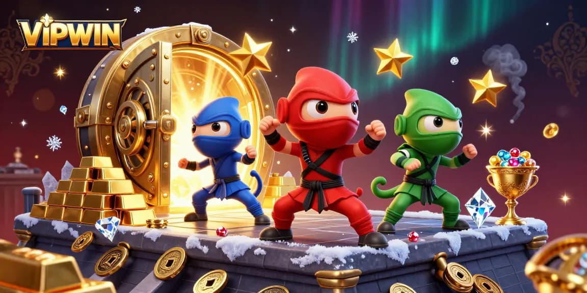Experience thrilling gameplay with VIPWIN as ninja chameleons engage in martial arts amidst dazzling treasures and casino flair.
