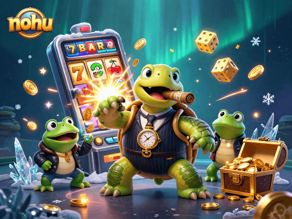 Nohu players experiencing excitement with a lively slot machine jackpot explosion and charming characters.