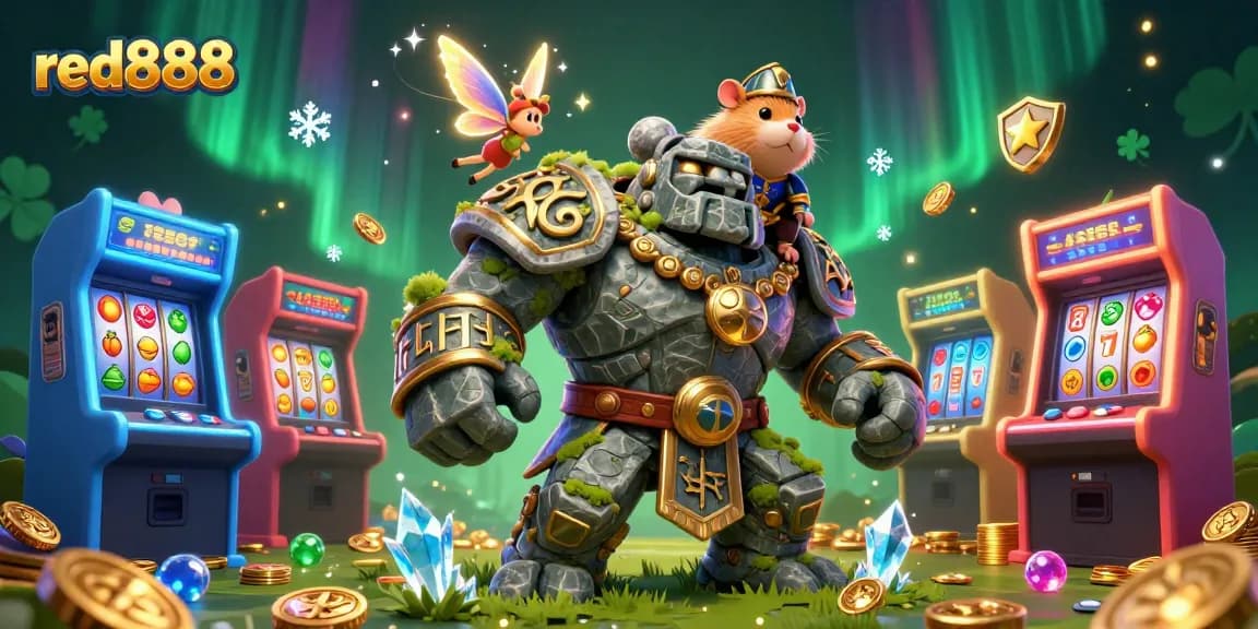 Engage with red888's immersive casino experience featuring colorful slot elements and magical characters.