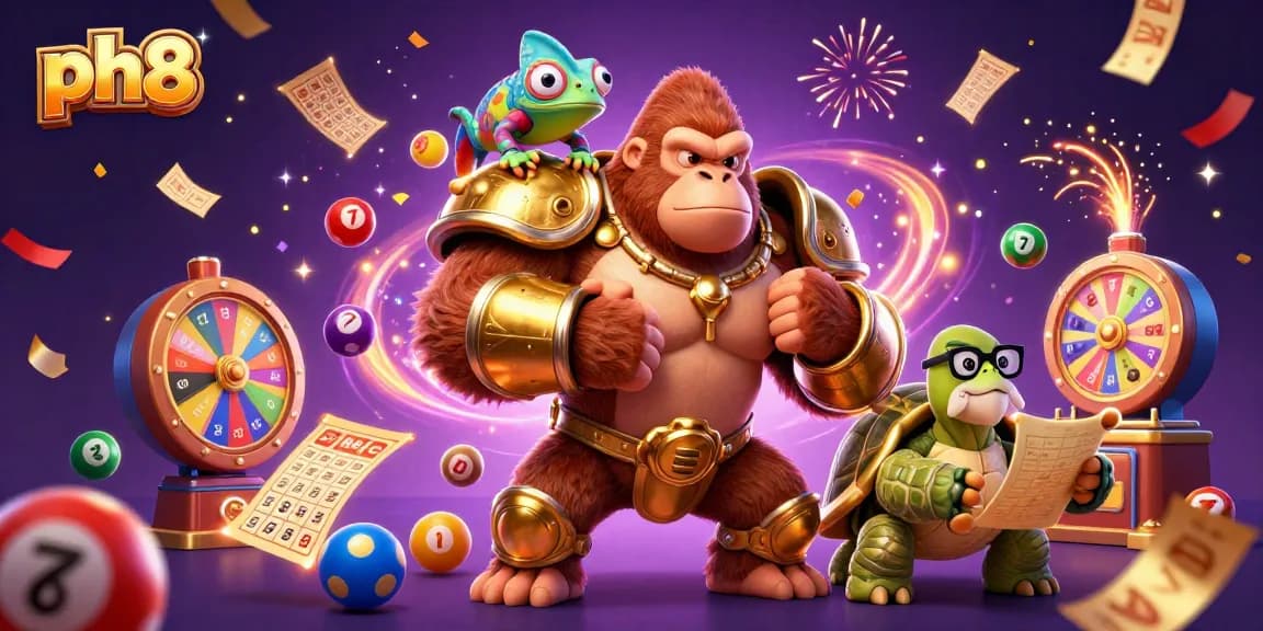 Experience thrilling action at ph8 with a dynamic scene showcasing a gorilla king and colorful casino elements.