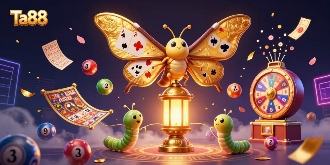 Experience Ta88's vibrant lottery scene with golden moths and dynamic casino elements.