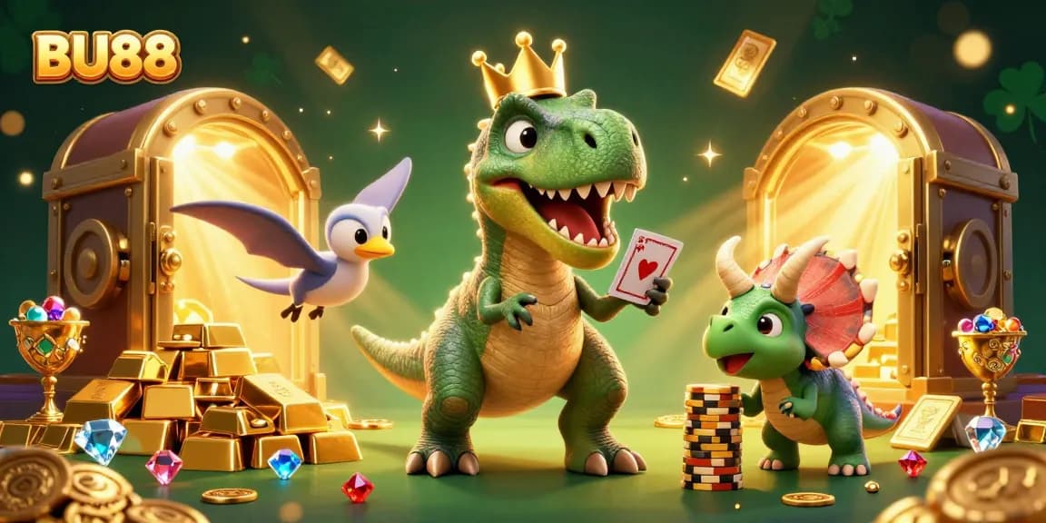 Join the fun with BU88 as playful characters engage in thrilling casino games in a vibrant scene.
