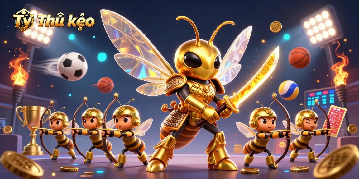 Bet on Tỷ lệ kèo with dynamic 3D illustration showcasing sports excitement and betting elements.