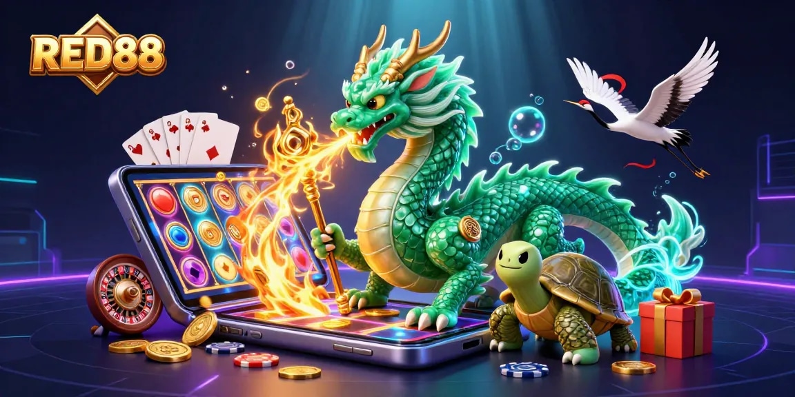 Experience thrilling gameplay with RED88's vibrant casino elements and an epic dragon.
