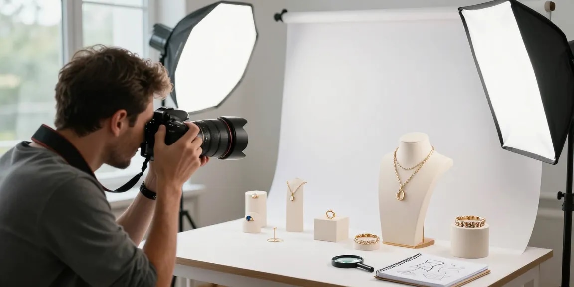 MaxArt studio fotografico che cattura dettagli mozzafiato di gioielli con un setup professionale e un'atmosfera luminosa.