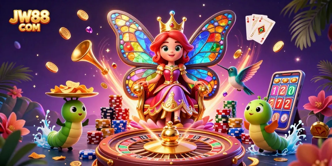 Engage with exciting games at JW88 COM with a magical 3D casino illustration showcasing vibrant characters and dynamic elements.