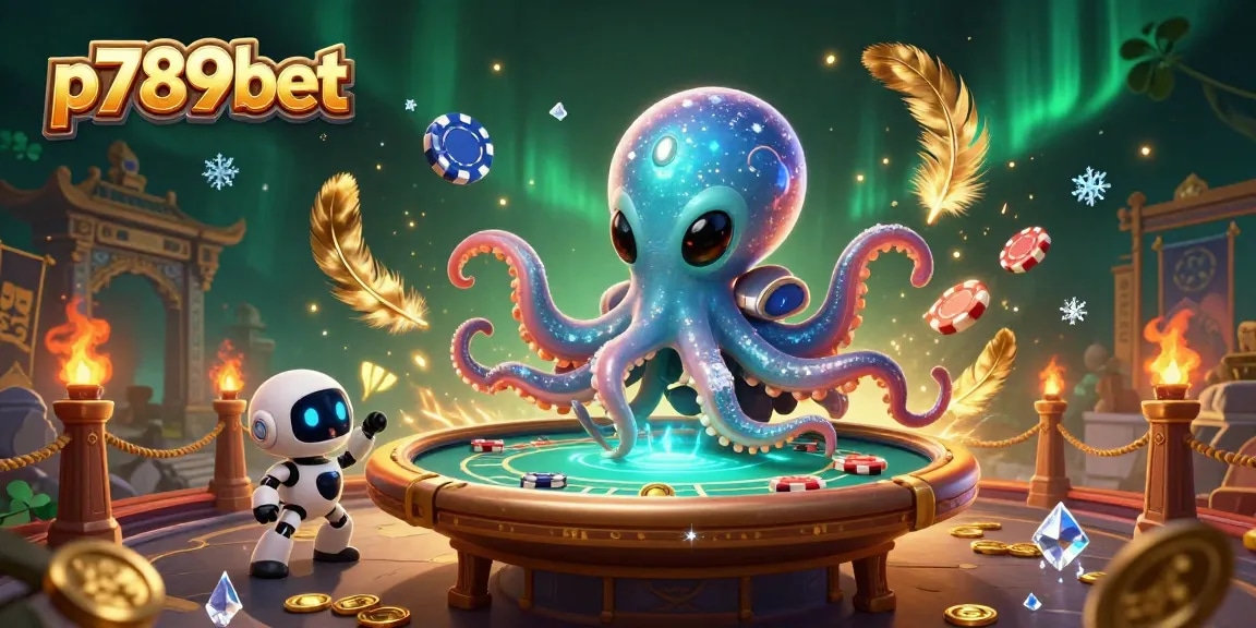 Watch the alien octopus dealer at p789bet's exciting poker table amidst vibrant cosmic elements.