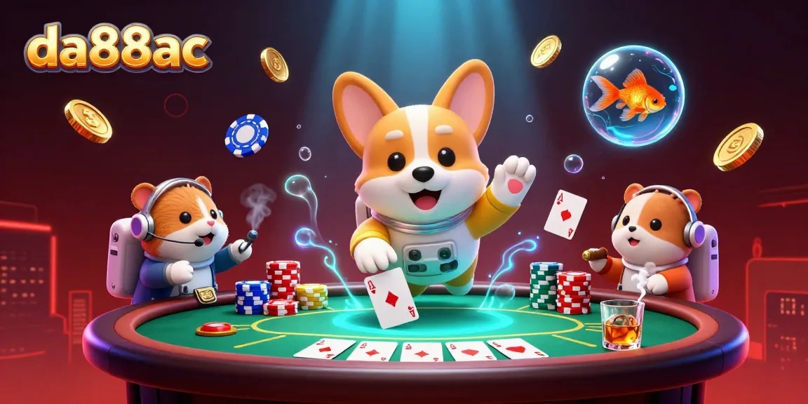 da88ac showcases a cartoon astronaut corgi in a space station casino, floating poker elements enhance the atmosphere.
