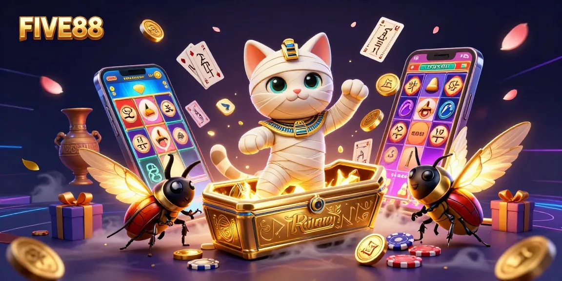 Engage with FIVE88 while the Egyptian mummy cat and glowing scarab beetle animate the casino scene.
