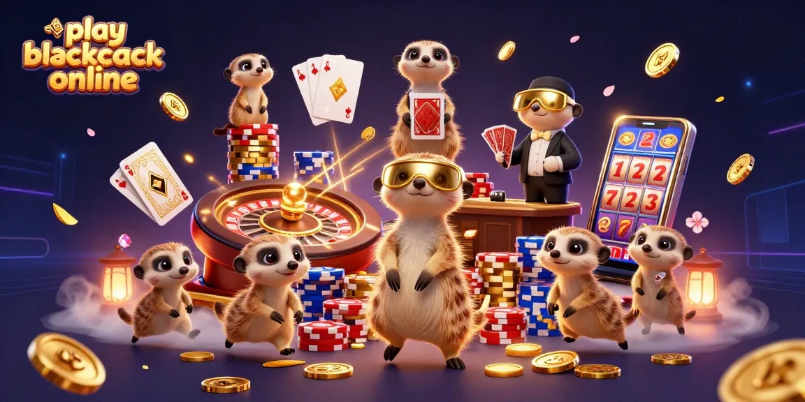 Play blackjack online with an animated meerkat casino scene featuring cards, chips, and colorful game elements