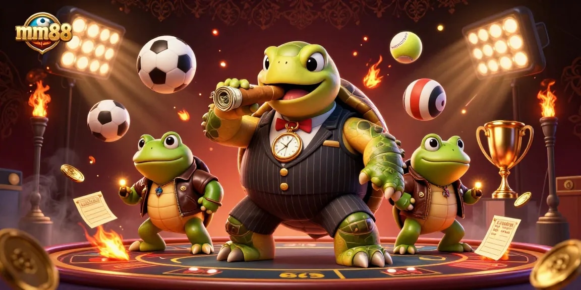 Experience thrilling gaming action with mm88's dynamic casino characters and energetic atmosphere.