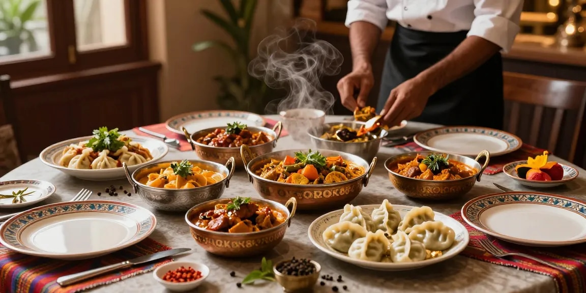 Delicious ROKOK88 curries and momo dumplings on a vibrant dining table.