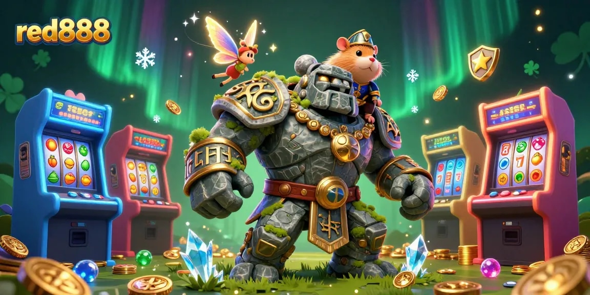 Engage with red888's immersive casino experience featuring colorful slot elements and magical characters.