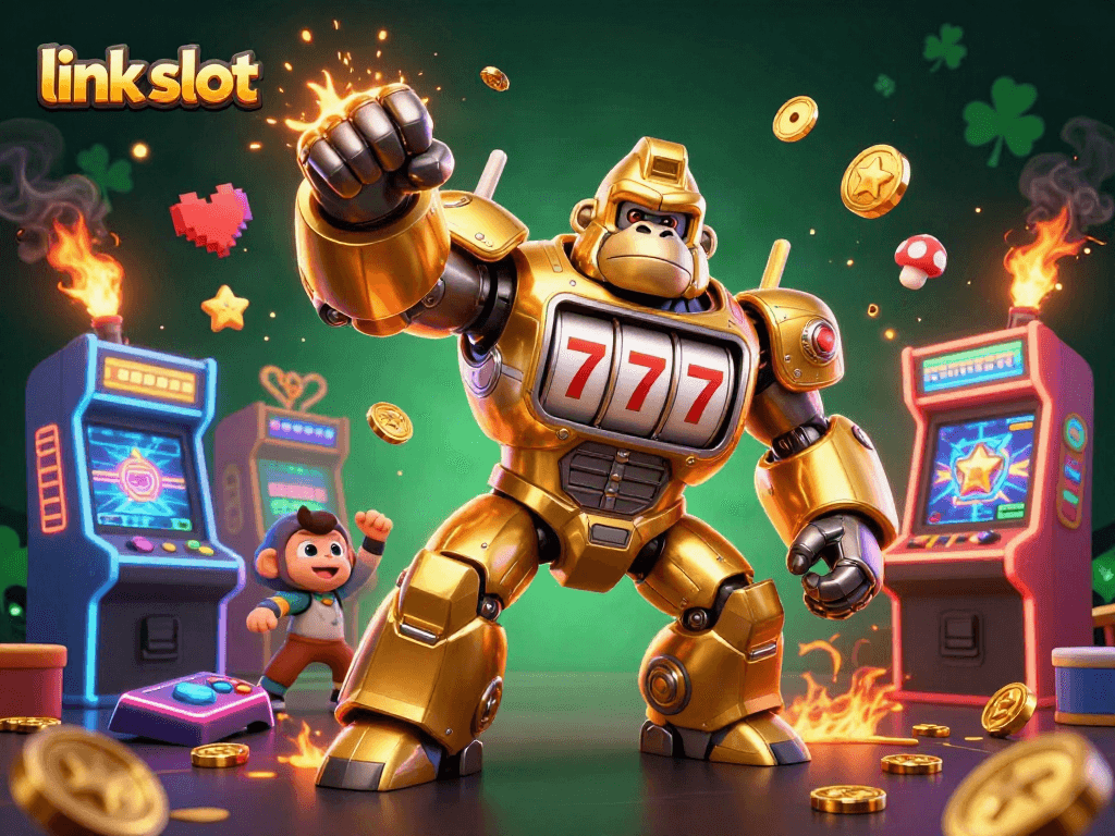 Engage with the exciting link slot scene featuring a golden gorilla mech and dynamic gaming elements!