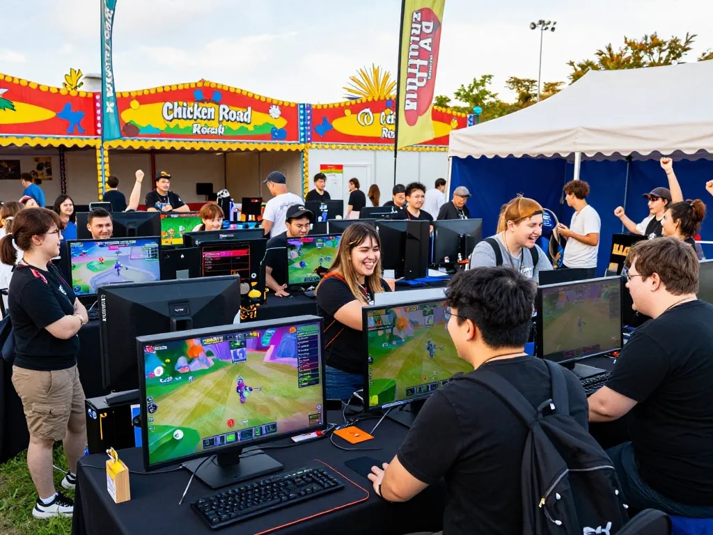 Giocatori coinvolti che vivono chicken road recensioni durante un vivace festival di giochi con atmosfera vivace