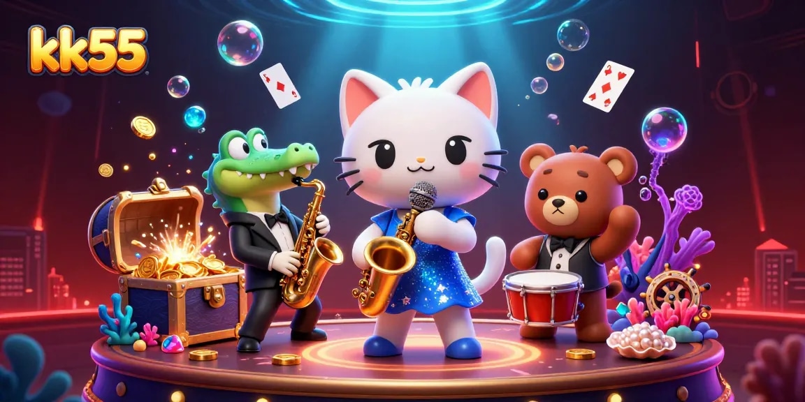 Spin the reels at kk55 with a lively 3D character scene bursting with casino fun.