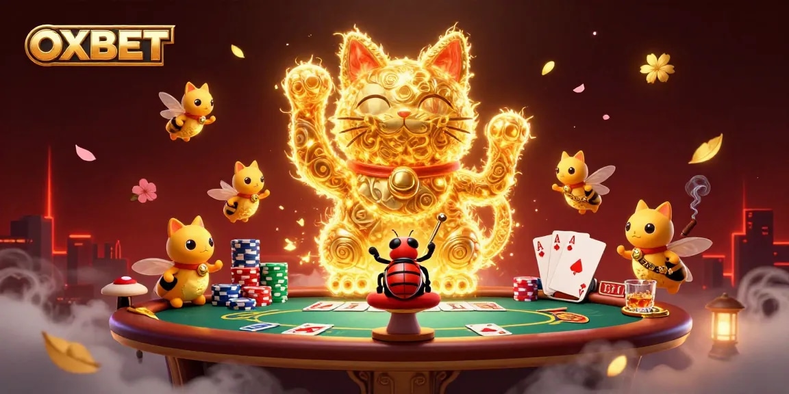 Experience winning moments at OXBET with golden fireflies and vibrant casino elements.