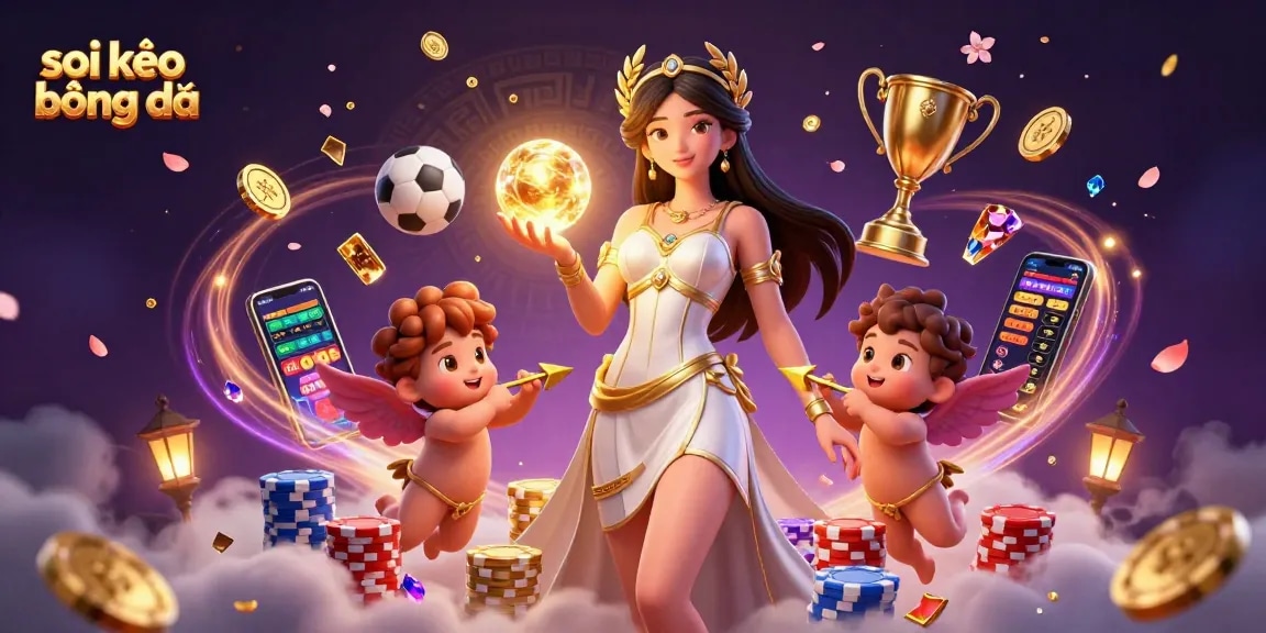Sparkling sports betting scene featuring soi kèo bóng đá with dynamic characters, golden coins, and betting elements.