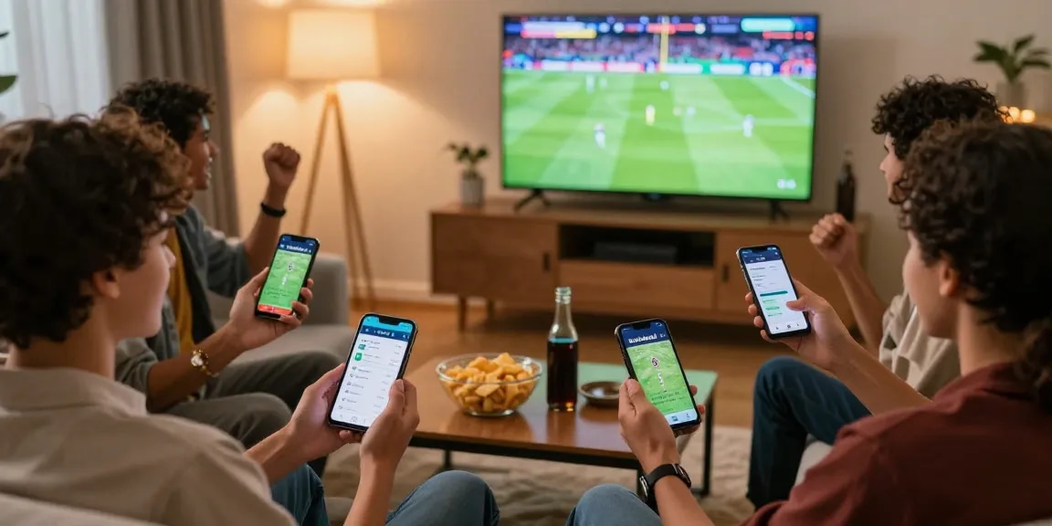 Freunde freuen sich über Wetten auf BetLabel mit Smartphones während eines Fußballspiels.