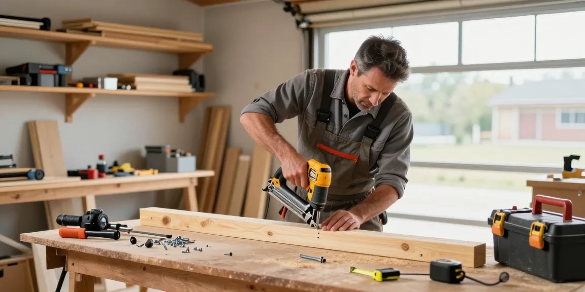 Carpentiere utilizza chiodi dewalt per assemblare travi di legno in un laboratorio ben attrezzato.