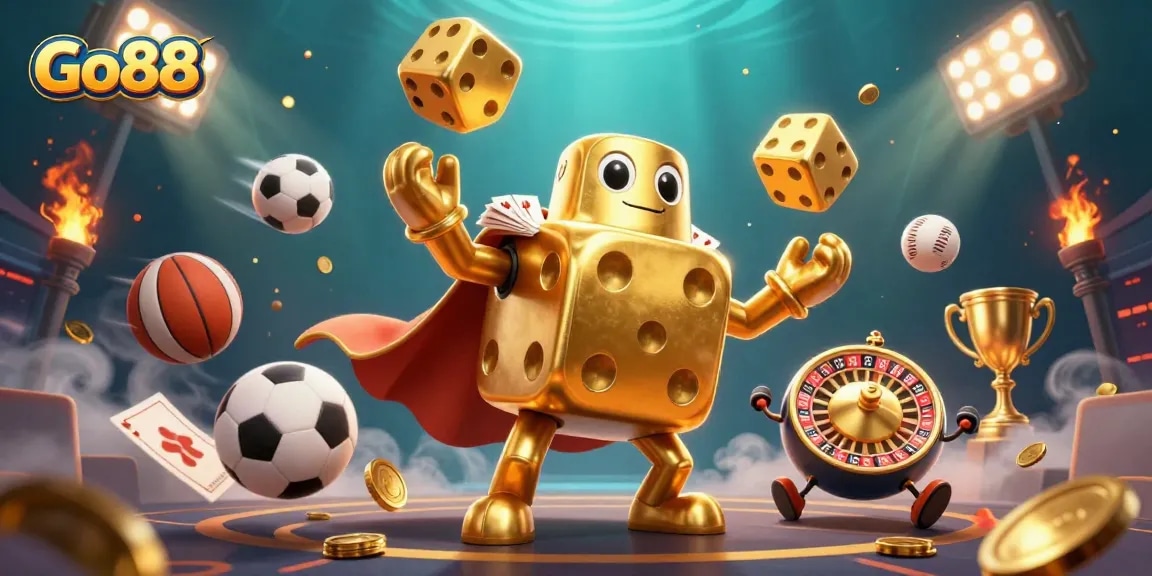 Experience thrilling activities at Go88 with an ultra-detailed golden dice golem surrounded by dynamic betting elements.