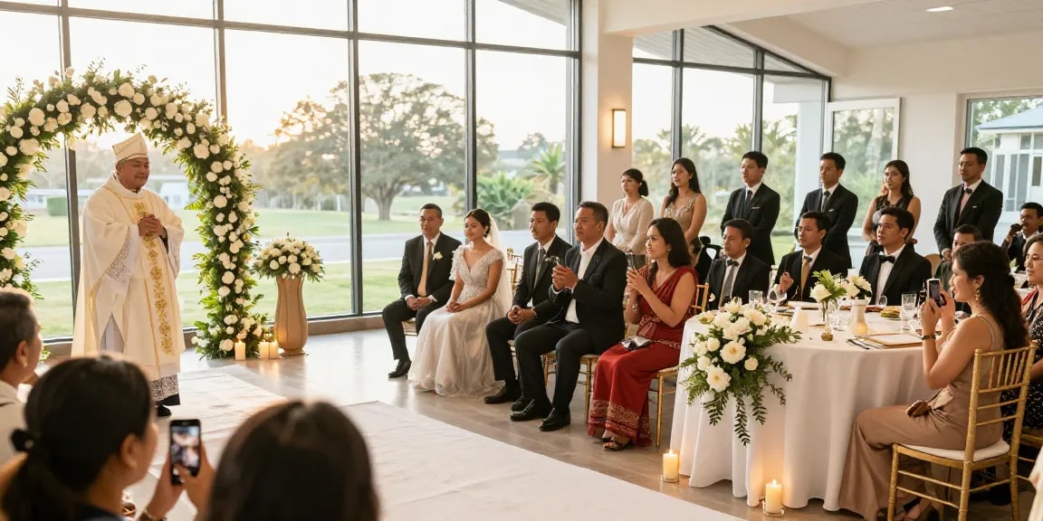 Couple at a beautiful wedding venue showcasing rokok88 login offerings for sacred ceremonies.