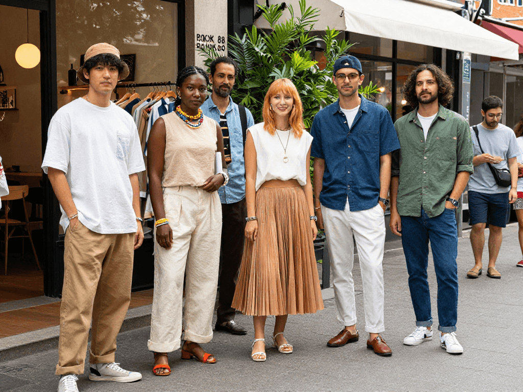 Stylish individuals showcasing ROKOK88 fashion in an urban setting with high-quality fabrics, vibrant colors, and accessories.