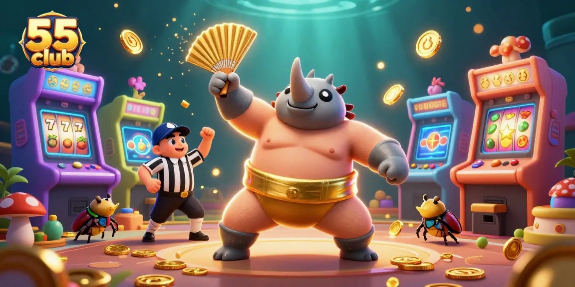 Experience the excitement of 55 club with a dynamic 3D illustration of gaming champions and arcade machines.