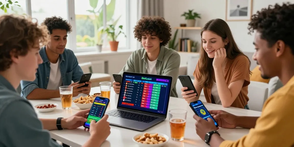 Friends engaging in live sports betting on BetLabel with laptops and devices, creating a lively atmosphere.