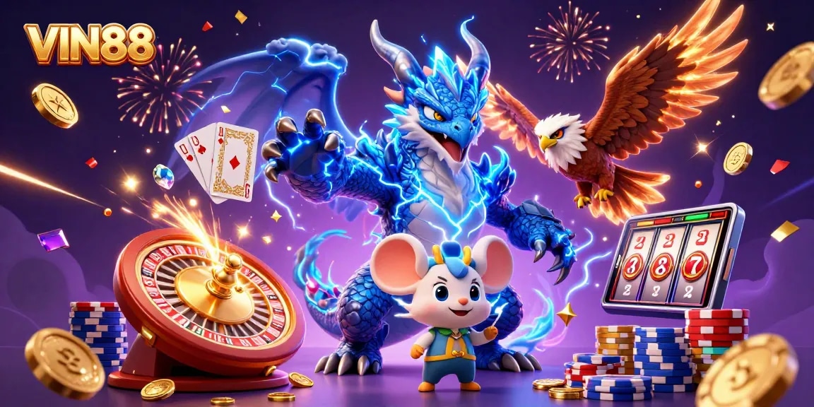 Experience thrilling moments with VIN88 in this dynamic casino adventure illustration.