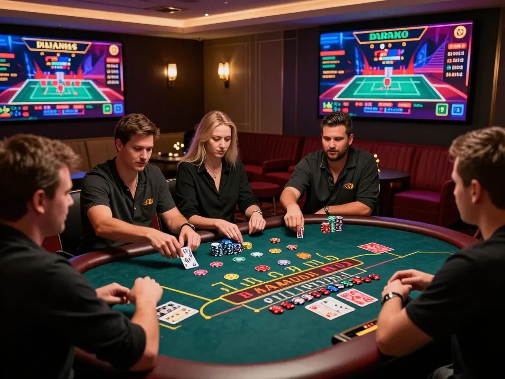 Engaged players enjoying live baccarat on 99ok's elegant online casino platform, vibrant graphics and immersive atmosphere.