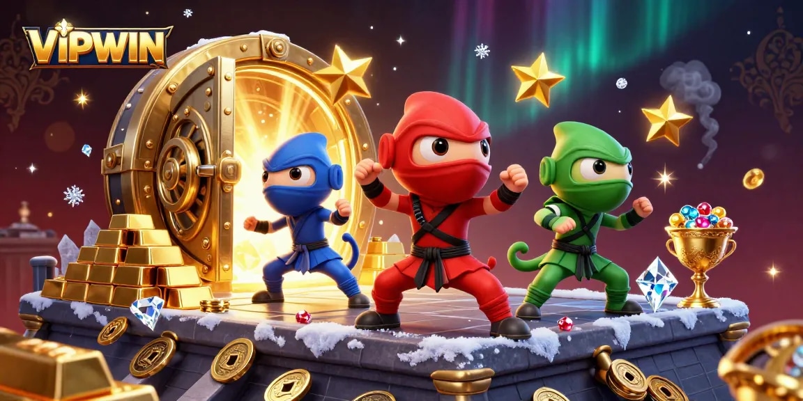 Experience thrilling gameplay with VIPWIN as ninja chameleons engage in martial arts amidst dazzling treasures and casino flair.