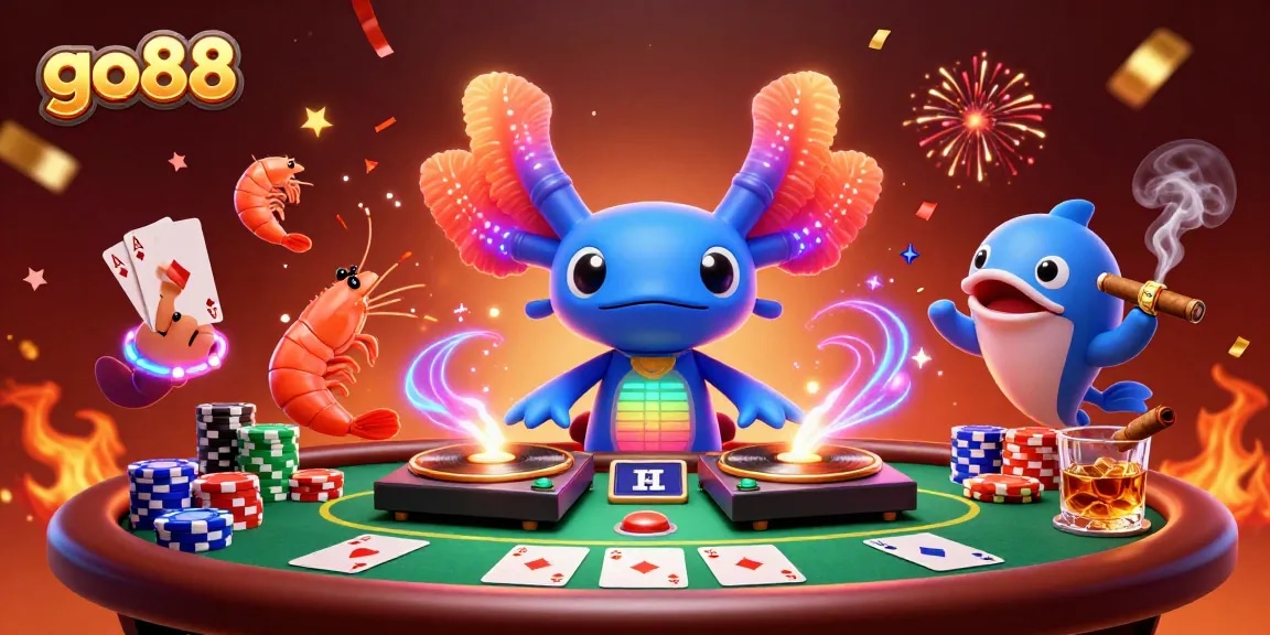 Experience the excitement at go88 with vibrant casino action featuring poker chips, cards, and lively ocean characters.