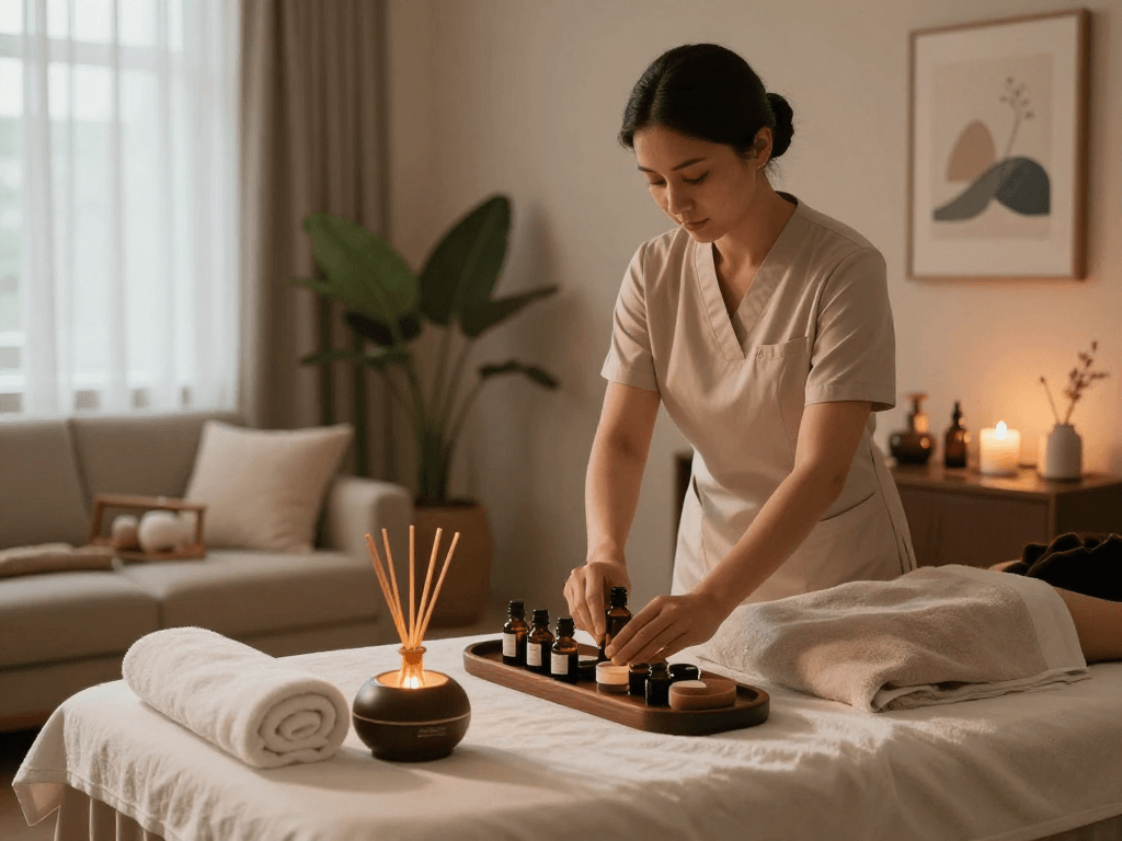 파주출장마사지 in a luxurious home setting with a professional therapist preparing for a client.