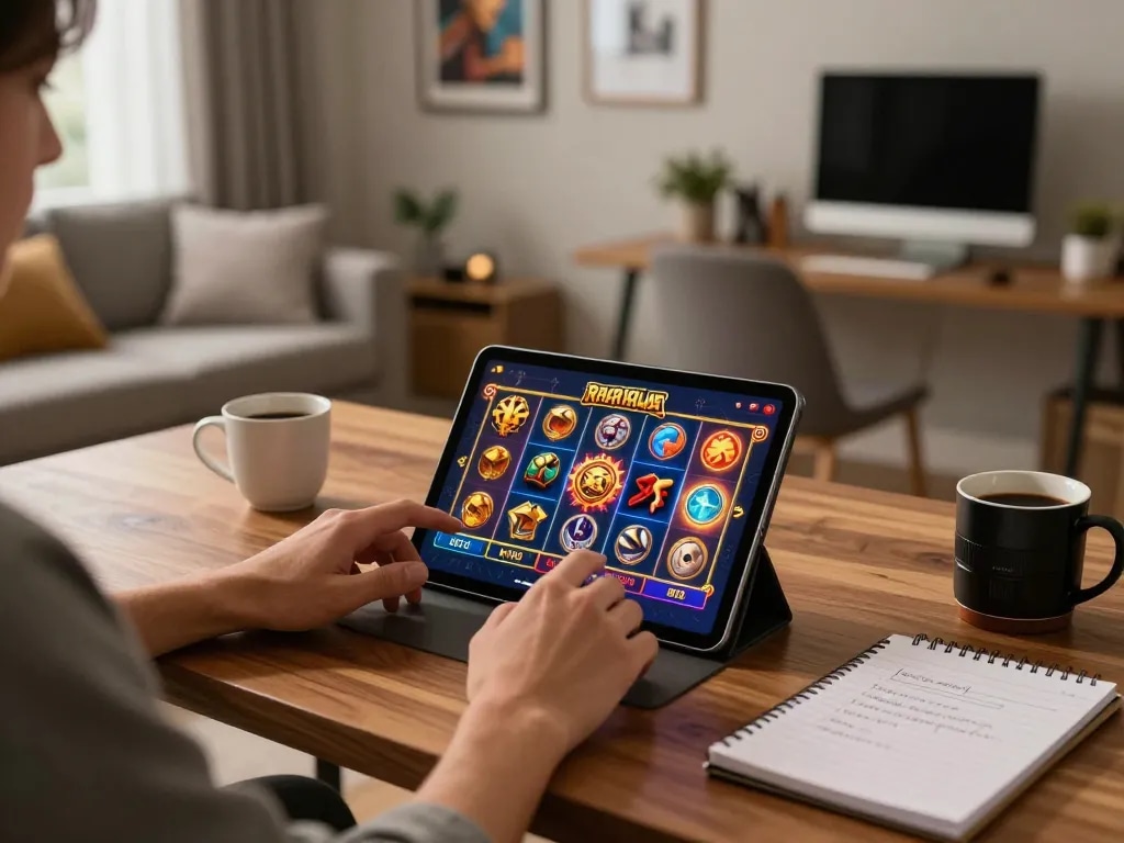 Pemain terlibat menikmati raja slot di tablet dalam pengaturan permainan rumah yang nyaman saat malam hari.