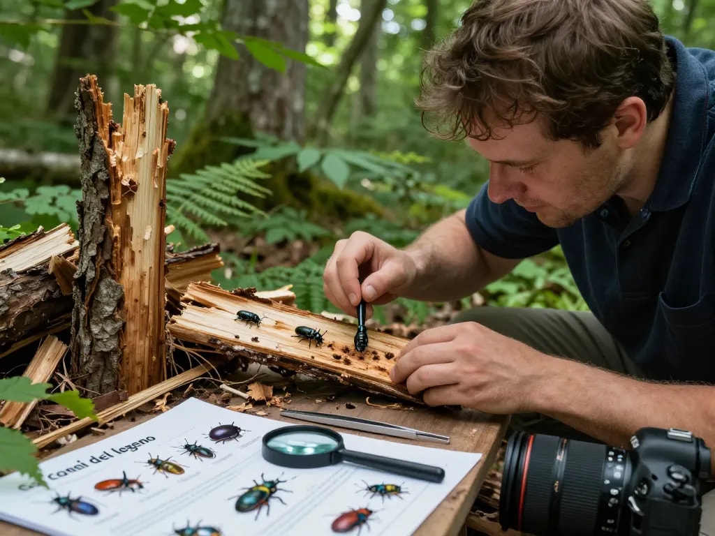 Primo piano di un entomologo che studia coleotteri del legno, con campioni di legno e segni di infestazione in un ambiente forestale.