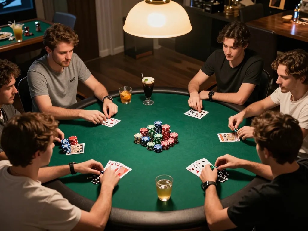 Players engaging in an exhilarating poker game at home during a Jun 88 game night.
