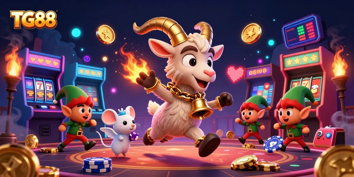 Experience the vibrant world of TG88 with Krampus in a holiday casino scene amidst gaming action.