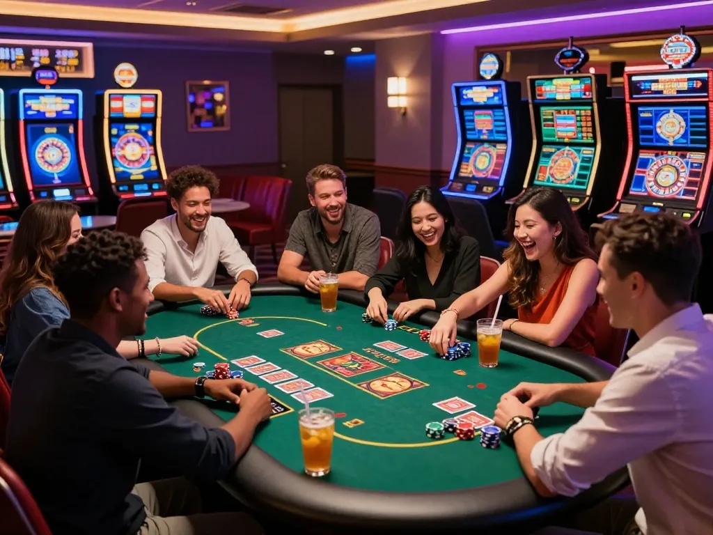 Friends enjoying an exciting MM88 online casino game night with vibrant atmosphere and colorful decor.
