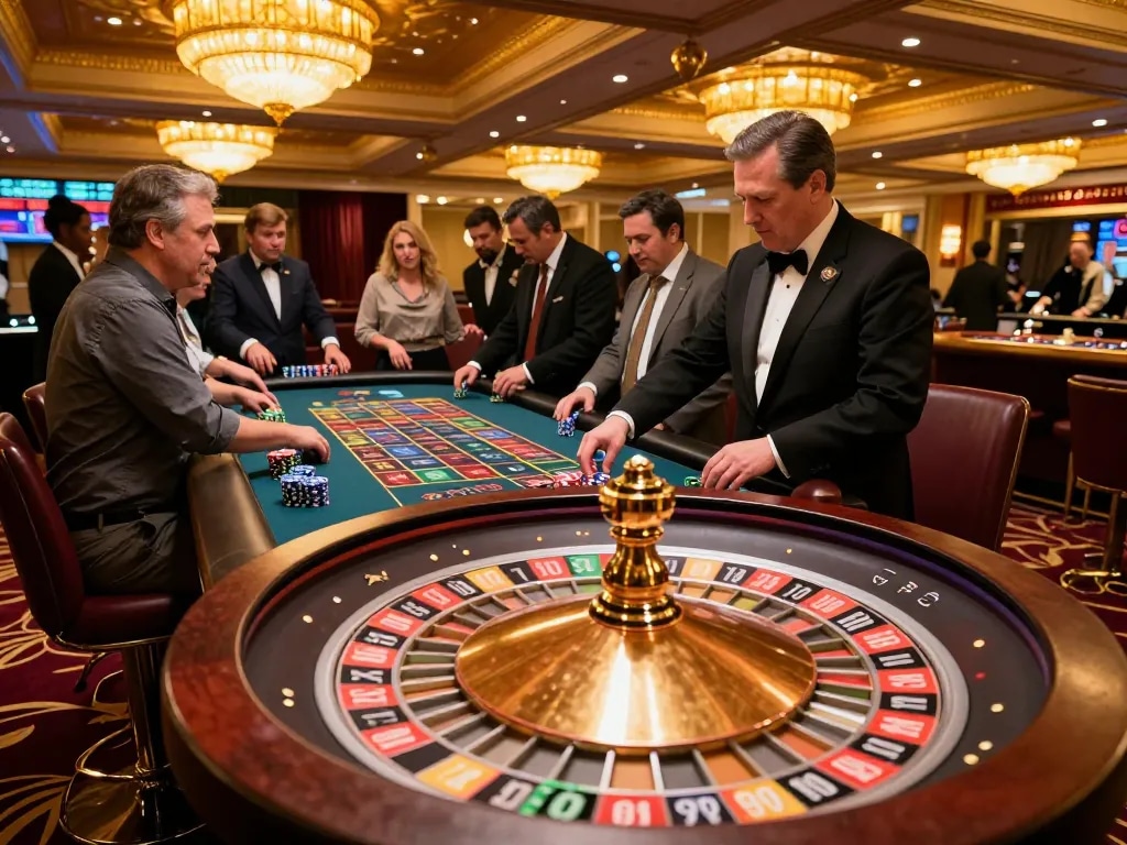 F168 players placing bets at an exciting roulette table in a vibrant casino scene