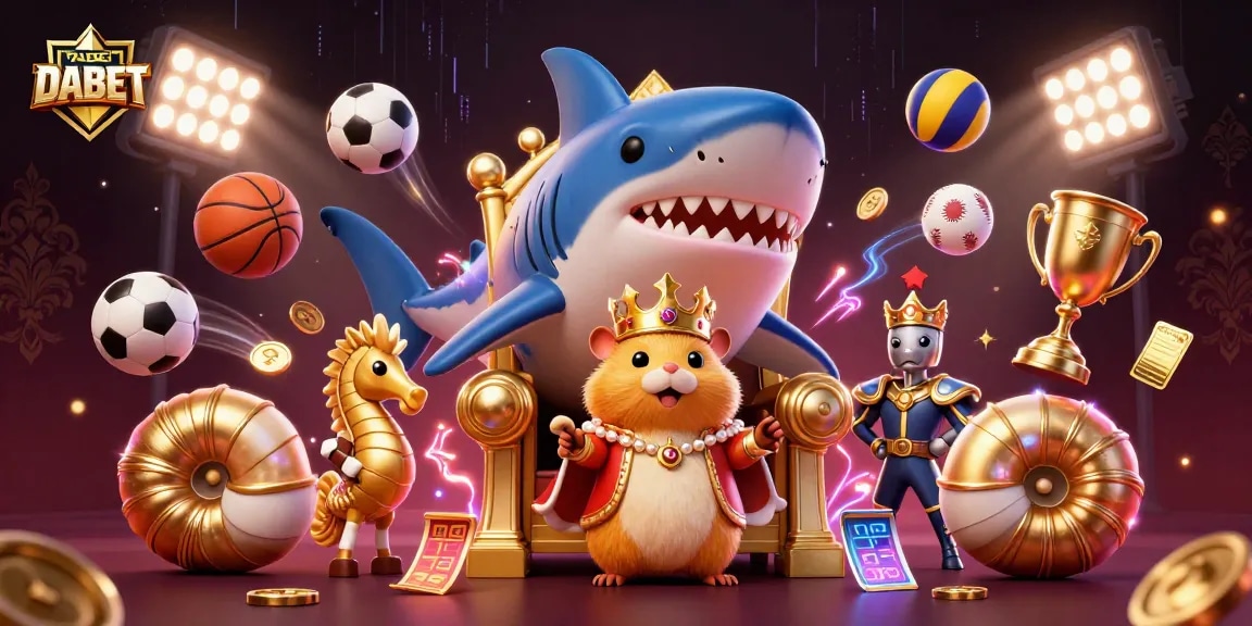 DABET sports betting illustration showcasing a hamster king with seahorse guards and dynamic sports elements.