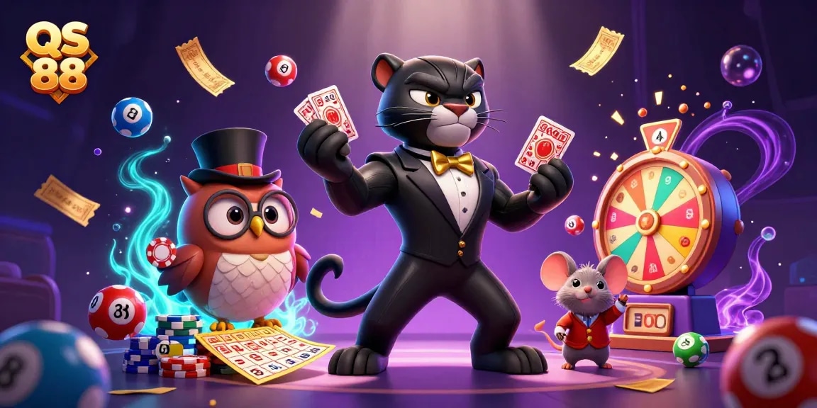 Engage with QS 88 through an animated casino scene featuring vibrant lottery elements.