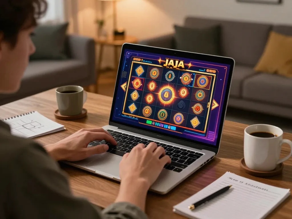 Player enjoying raja slot game online from a cozy home setup, emphasizing strategy and responsible gaming.