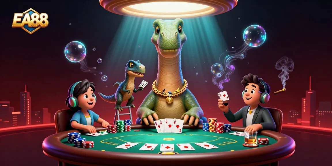 EA88 players enjoy vivid poker action with a giant brontosaurus overseeing their game.