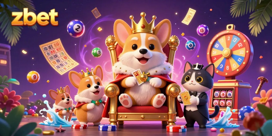 Engage with zbet as colorful lottery balls and vibrant game elements surround a majestic corgi and a butler in a casino environment.